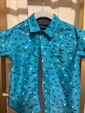 Boys' Teal Dino Print Short-Sleeve Button-Down Shirt